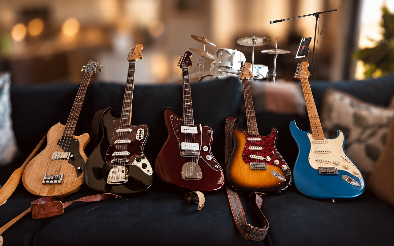 Five electric guitars and basses lined up on a couch