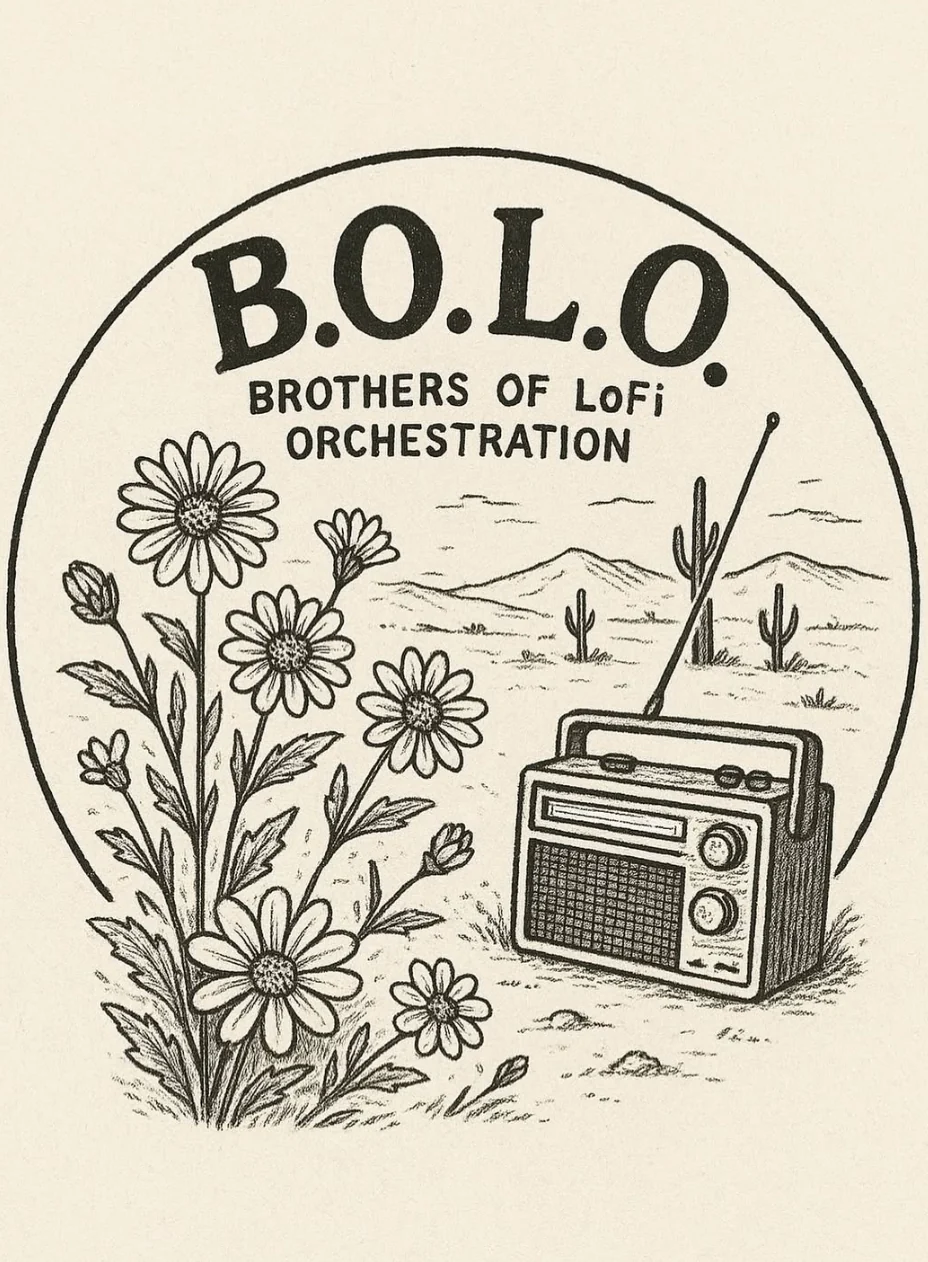 Hand-drawn desert artwork with wildflowers and a radio